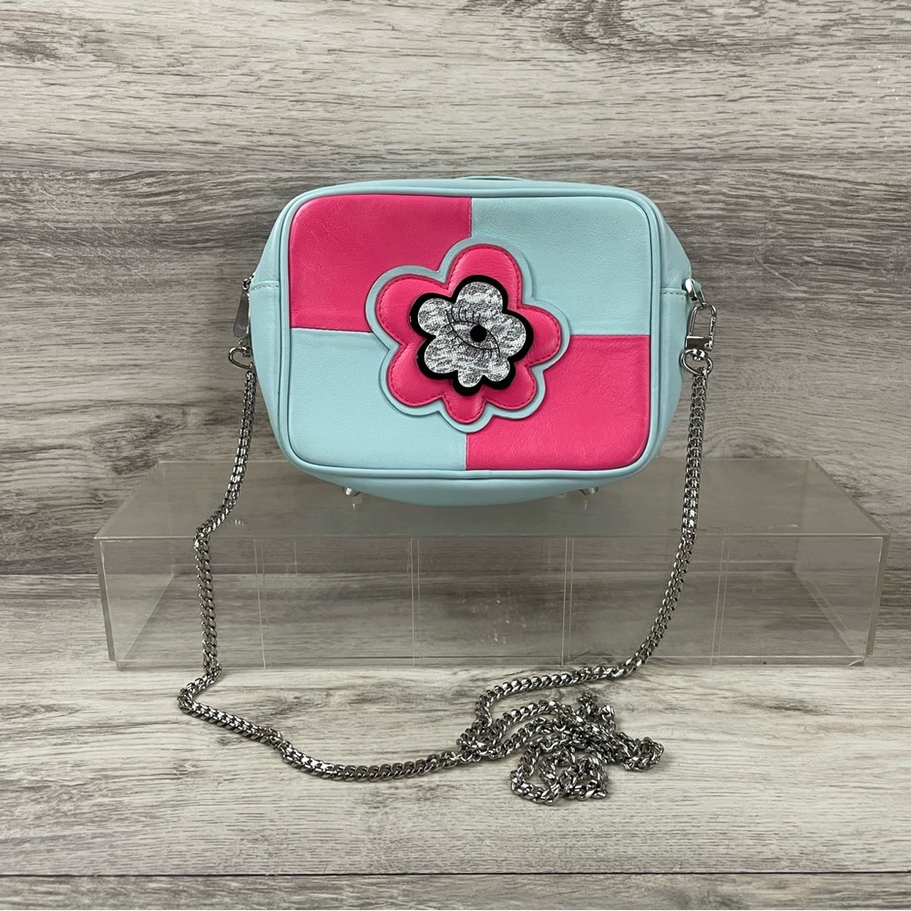 Disaya Leather Shoulder Bag Pink Blue Flower Eye Ball Chain Strap 7x5x2.5”